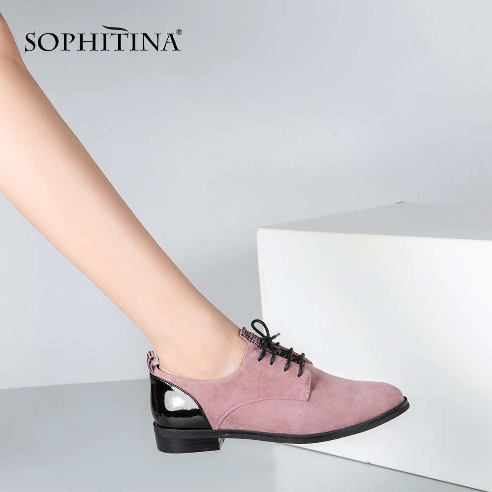 Kopen Sophitina Kwaliteit Handgemaakte Flats Echt Leer Ronde Neus Lace Up Casual Oxford Vrouwen Schoenen Zachte Lage Hakken Kantoor Dame platte P61