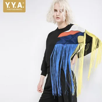 

Heavy Work Plus Velvet Thickening Women Sweatshirt Geometric Mesh Yarn Patchwork Rainbow Tassel Pullover O-Neck Loose T-Shirts