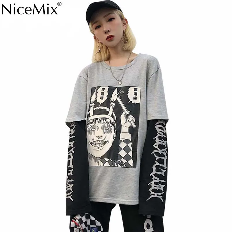 

NiceMix Harajuku Sweatshirt Women Patchwork Unisex Pullovers Print Japanese Comics Jumpers Fake 2 Pieces Shirt Woman Streetwear