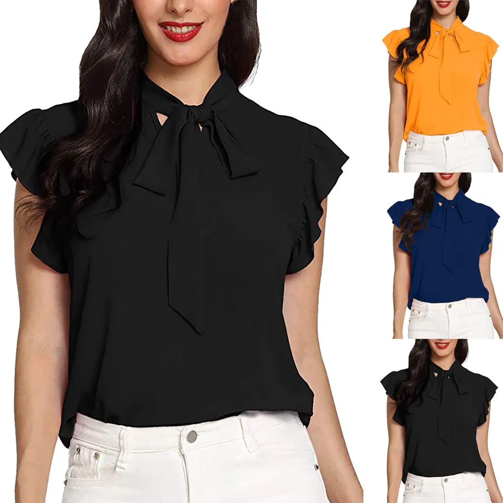 

Summer New Arrived Solid Shirt Blouse Fashion Women's Casual Cap Sleeve Bow Tie Shirt Chiffon Blouse Tops Three Colors Choose #5