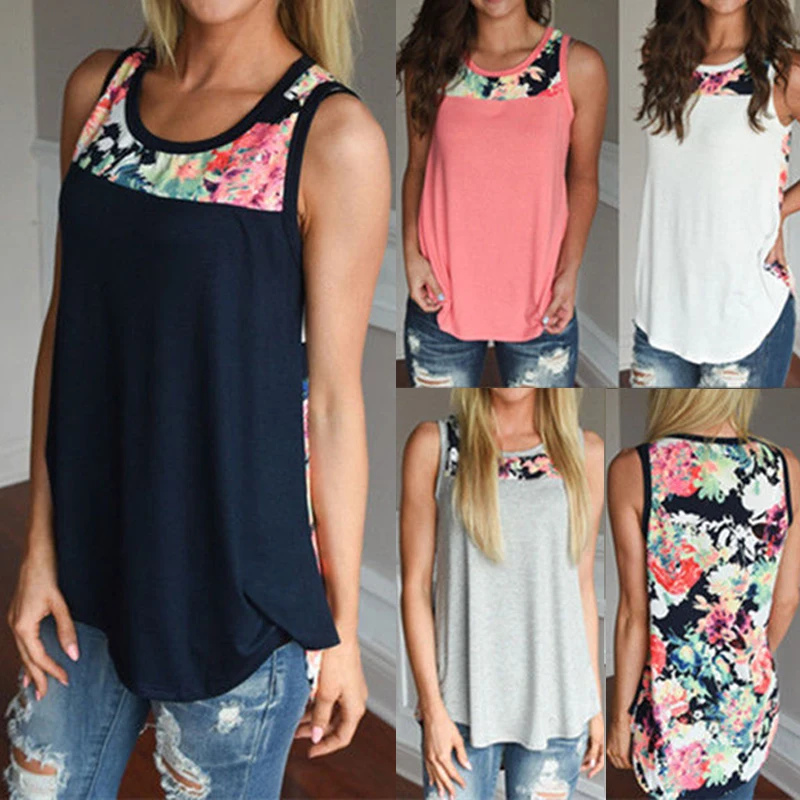 2019 Women Floral Printed T-shirt Womens Casual Loose Patchwork Tank Tops Ladies Summer Sleeveless Top Women's Clothes Plus Size