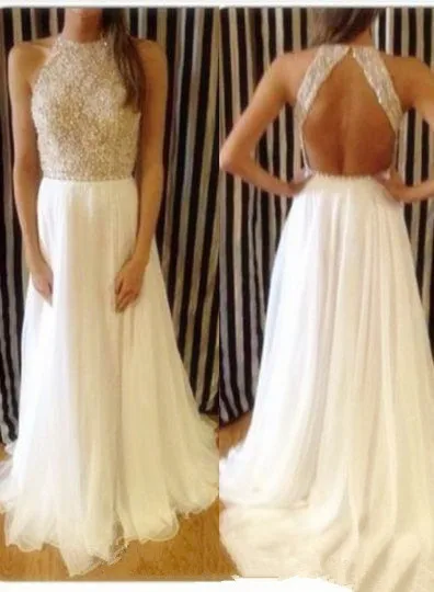 

2015 Sexy Evening Dresses Fashion Vestidos Summer Evening Gowns High Neck Crystal Beaded White Chiffon Backless