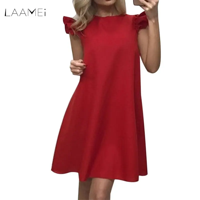 

Laamei 2018 New Summer Women Solid Colors Casual Dress Fashion Loose O-Neck Ruffles Short Sleeve Beach Party Mini Dress Vestidos