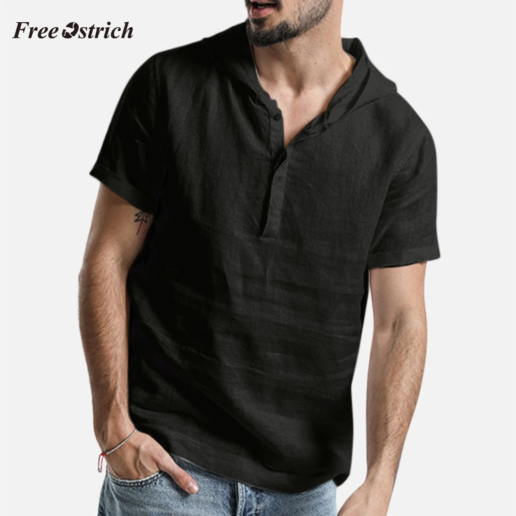 

Free Ostrich Hooded T Shirts Solid Black Short Sleeve Shirt Loose Shirts For Men Button Baggy T-shirt Plus Size Hot Sales