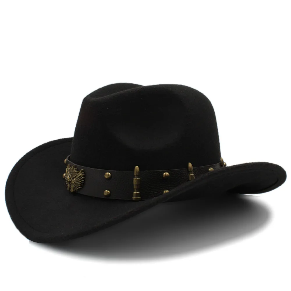 Модная женская черная шерстяная шляпа, ковбойская шляпа в западном стиле, джаз, сомбреро, Hombre Кепка, элегантные женские ковбойские шляпы для женщин, размер 56-58 см - Цвет: Black