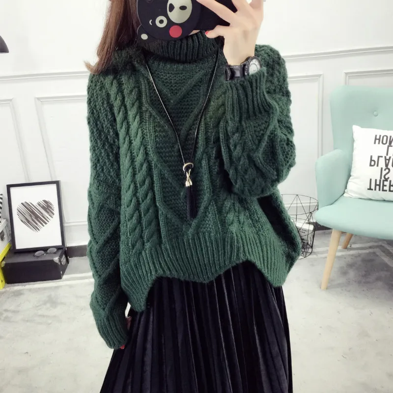 Утолщенный женский свитер осень зима корейский стиль свободный твист вязаный короткий дизайн пуловер Водолазка Черный Коричневый Женский