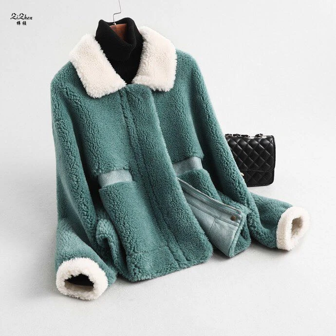

ZiZhen Natural Real Sheep Fur Coat With Turn-Down Collar Jacket Spring Autumn Woman Simplicity Shorts Zipper 190606-14,59370