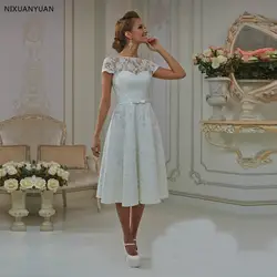 Vestidos Casamento 2019 Короткие свадебное платье одежда с рукавами линии чай Длина Лук пояса кружево халат де mariée Ретро женское