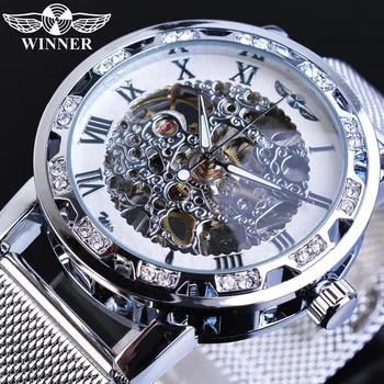 Winner Men Mechanical Watch Silver Crystal Mesh Steel Strap Automatic Watches Luxury Wristwatch Business Sport Relogio Masculino loreo luxury men watch business men s mechanical watches self winding men sport water wristwatch relogio automatico masculino