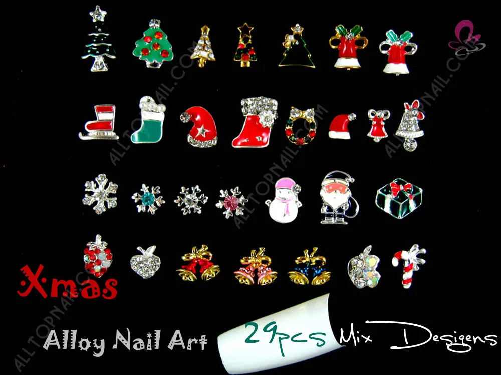 

29pcs MIX Designs Bell Santa Tree santa claus Snowman Xmas 3D Alloy Nail Art Decorations-Free Shipping