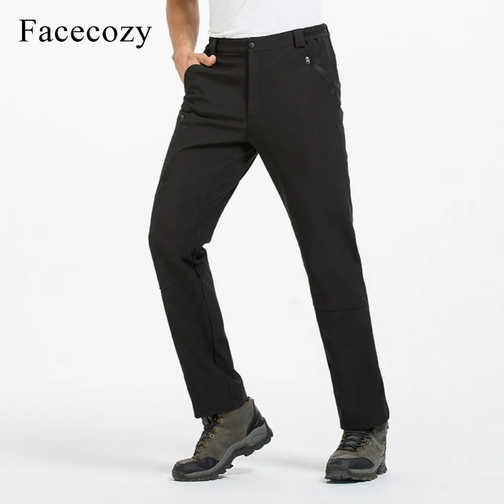 Facecozy de los hombres de invierno de senderismo Softshell pantalones de lana gruesa dentro de bolsillo 2018 a prueba de viento cálido Trekking Camping Pantalones
