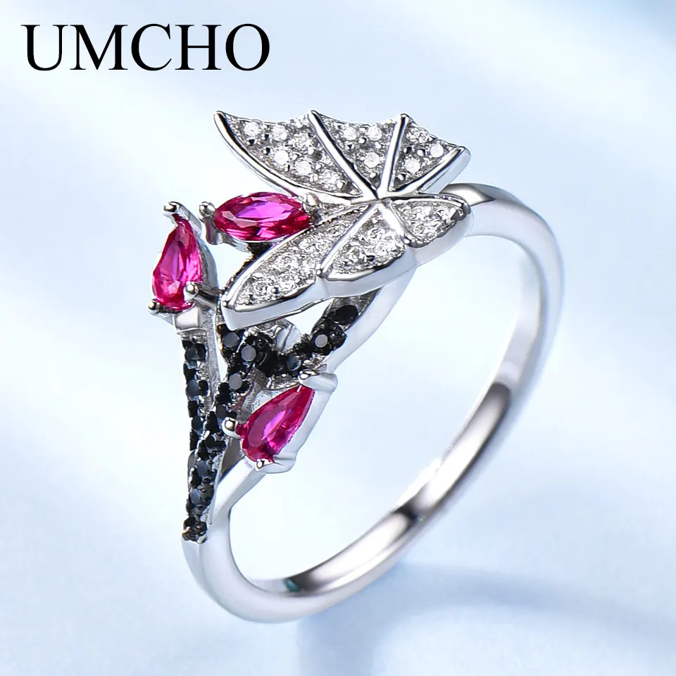 Ceny UMCHO stałe 925 srebro pierścionki dla kobiet naturalny czarny spinel Ruby kamień moda unikalny pierścień z motylem Fine Jewelry