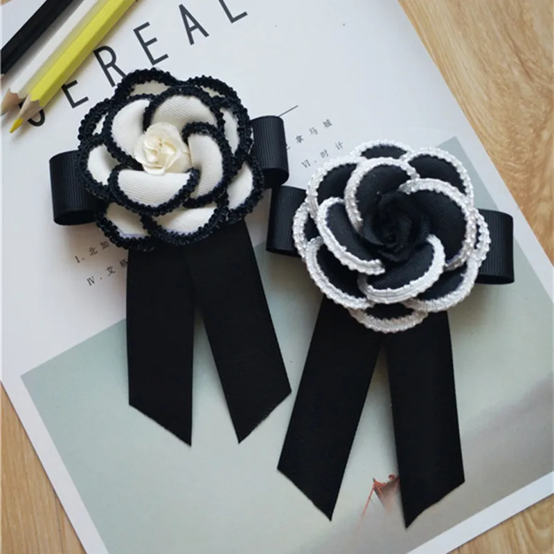 CX-Shirling 7cm Diameter Fabrc Camellia Flower Brooch Black White Fabric Camellia Flower Ribbon Bowknot Brooches Female