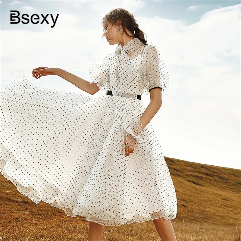 

Bohemian See Though White Polka Dot Dress 2019 Runway Bow Collection Lantern Sleeve Women Fit and Flare Chiffon Long Dress