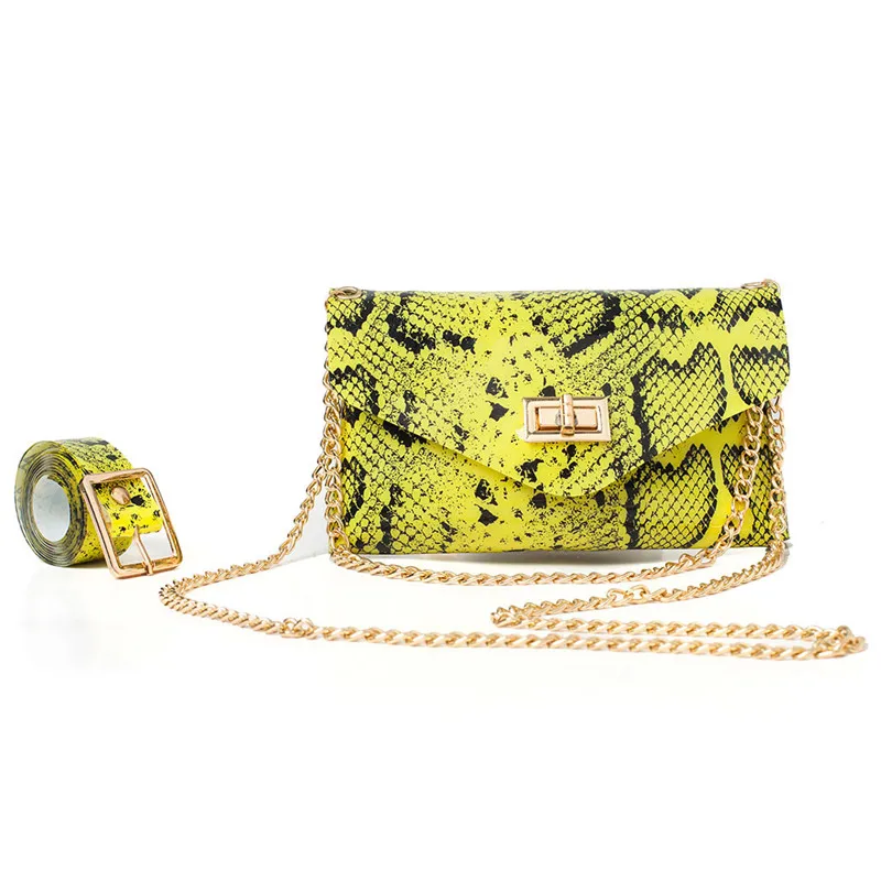 Neon Green Fashion Snake Print Belt Bag Women Serpentine PU Leather Waist Bags Female Fanny Pack - Цвет: Цвет: желтый