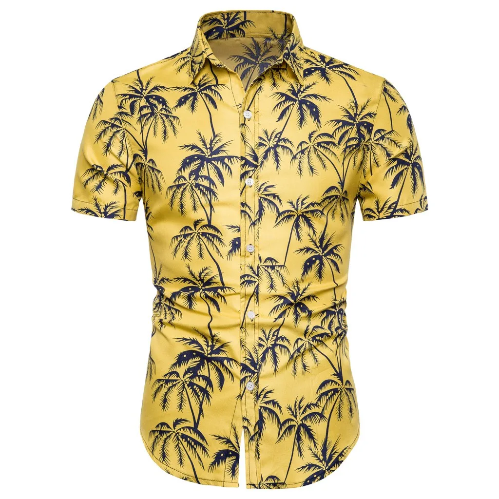 Мужская рубашка с принтом, высокое качество,, мужская летняя Гавайская льняная Базовая рубашка с коротким рукавом, облегающая желтая рубашка с принтом - Цвет: A