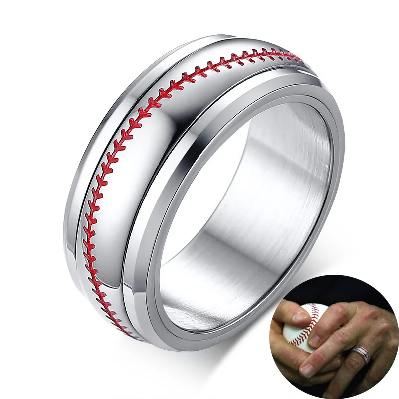 

Men's Silver Tone Baseball Spinner Spinning Ring Red Stitching with Stainless Steel Sports Softball Dome Rings Comfort Fit 8mm