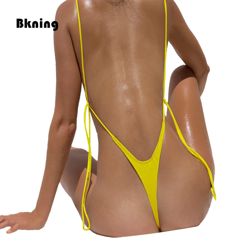 Bkning, сексуальные стринги, желтые, одноцветные, одежда для плавания для женщин, 1 шт., купальник, 5 цветов, открытая спина, купальный костюм,, пляжный костюм, одежда для плавания, костюмы