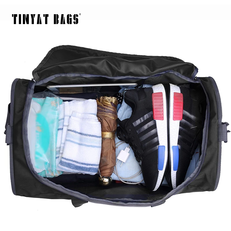 TINYAT الذكور الرجال حقيبة سفر للطي حقيبة بروتابلي رخوة حقيبة نسائية صغيرة للماء النايلون عارضة حقيبة السفر المصنوعة من القماش الخشن الأسود ال...
