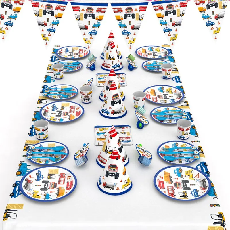 

Engineering Vehicles Party Disposable Tablecloth Tableware Flag Napkin Plate Cup Lovely Cars Birthday Party Supplies Decorations