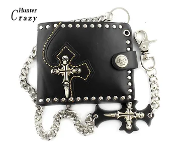 

Mens Studded Gothic Skull Cross Biker Punk Leather Wallet Purse with Metal Chain W23