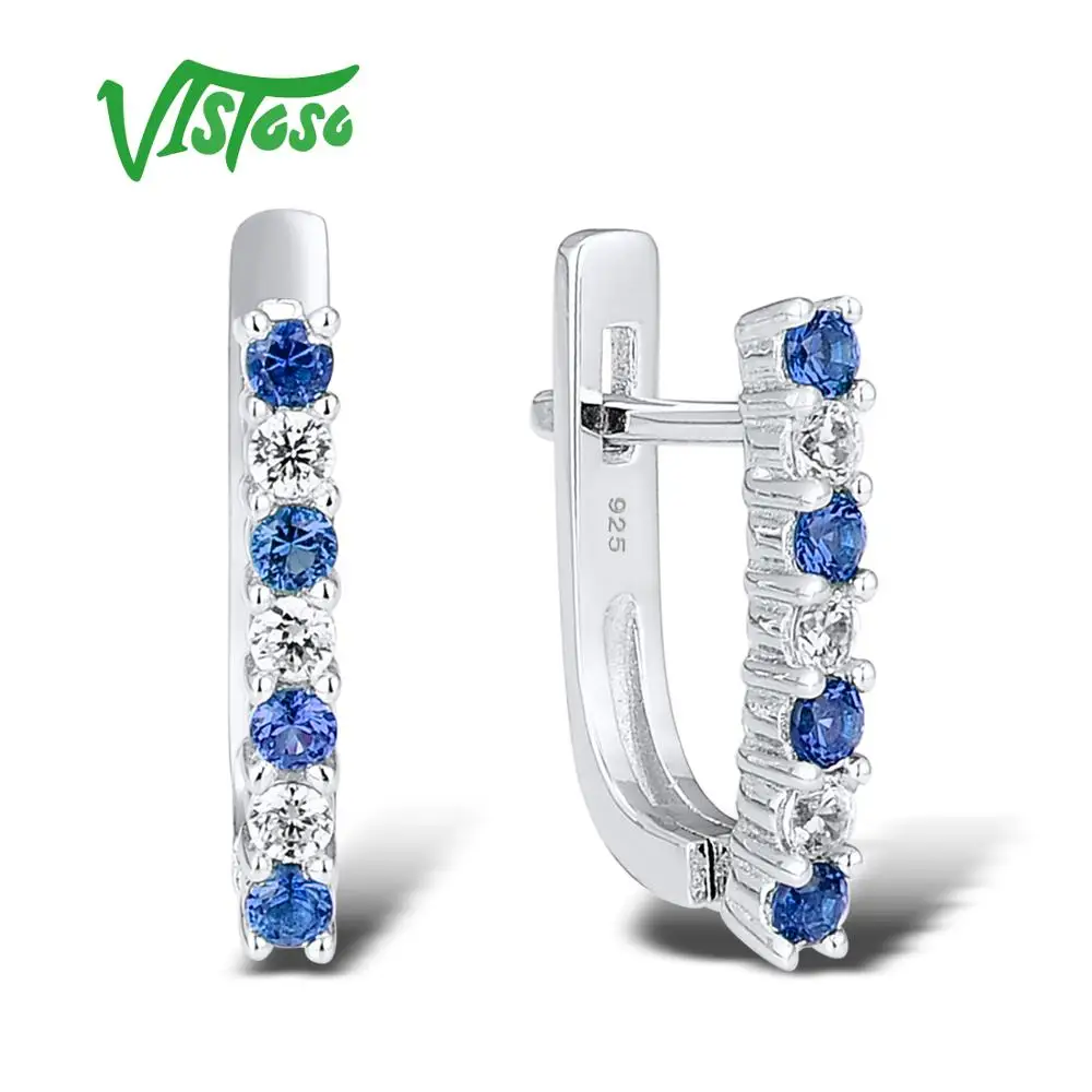 

VISTOSO Sterling Silver Chic Stud Earrings Fine Jewelry Round Blue Spinel 100% 925 Sterling Silver Delicate Dainty Fine Jewelry
