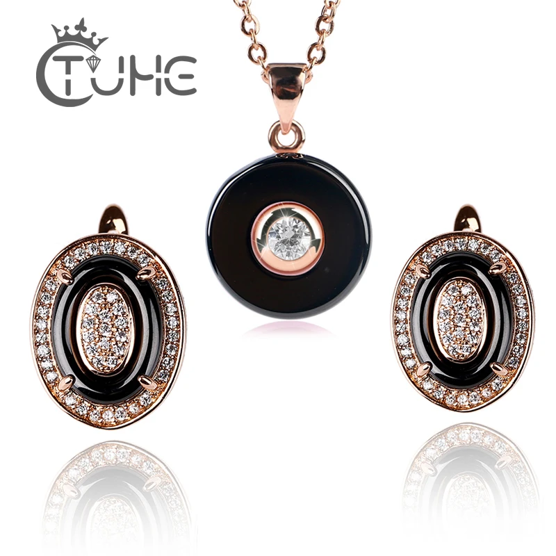 

2018 Fashion Rose Gold Cubic Zirconia Jewelry Set Bright Black Healthy Ceramic Necklace Stud Earrings Jewelry Sets for women