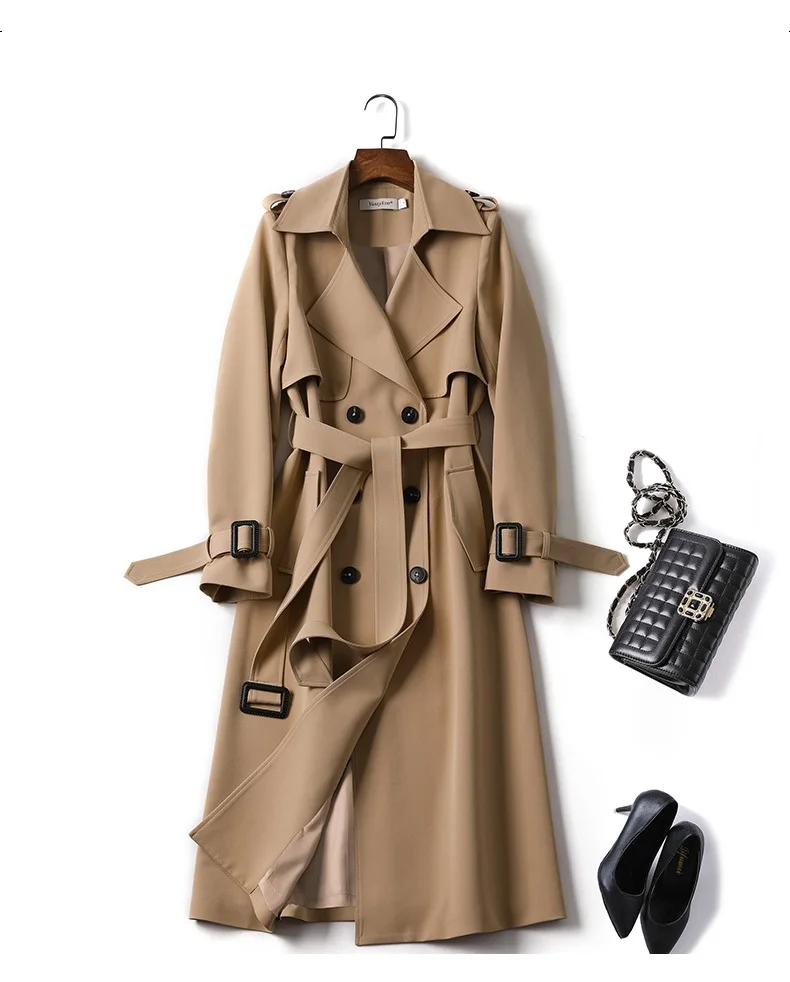 Модная весенняя Осенняя ветровка Женская длинная куртка новая Корейская тонкая двубортная приталенная шикарная куртка женская верхняя одежда