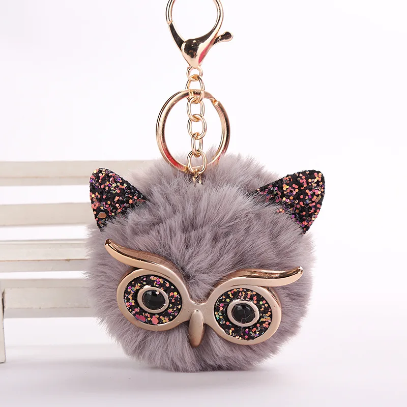

Cut Pompon Keychain Rabbit Fur Owl Keychains for Woman Car Bag KeyRing Gifts for Women Girls
