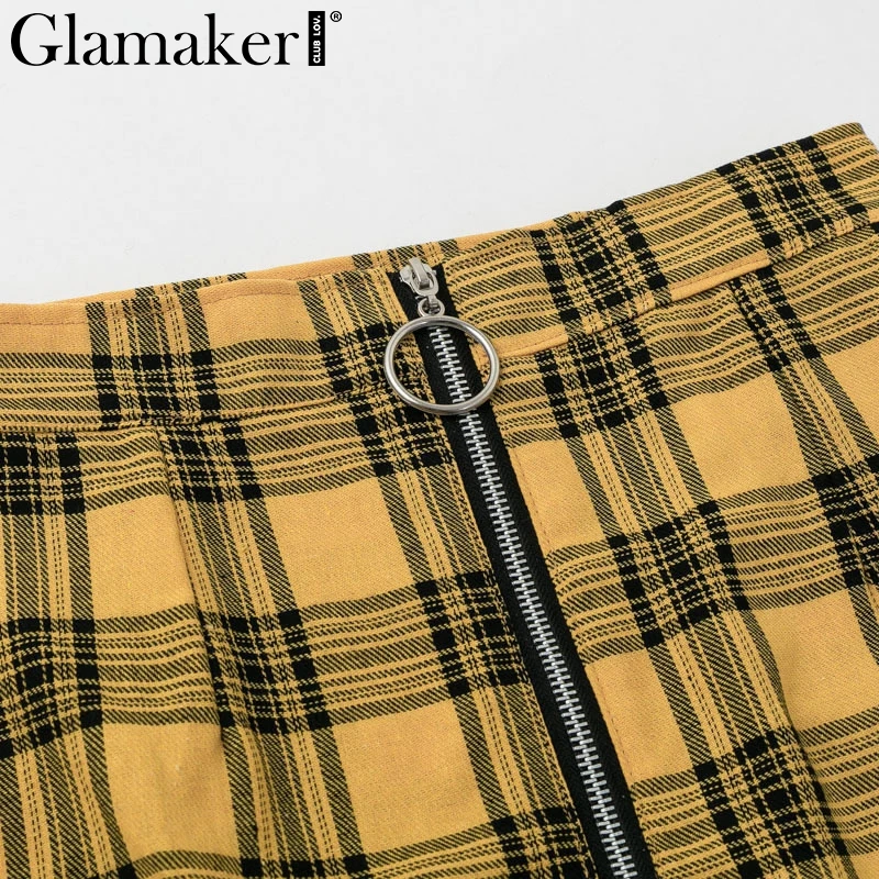 Glamaker, желтая клетчатая трапециевидная юбка с высокой талией, Весенняя уличная одежда, Облегающие юбки на молнии, женская повседневная короткая мини-юбка, новинка