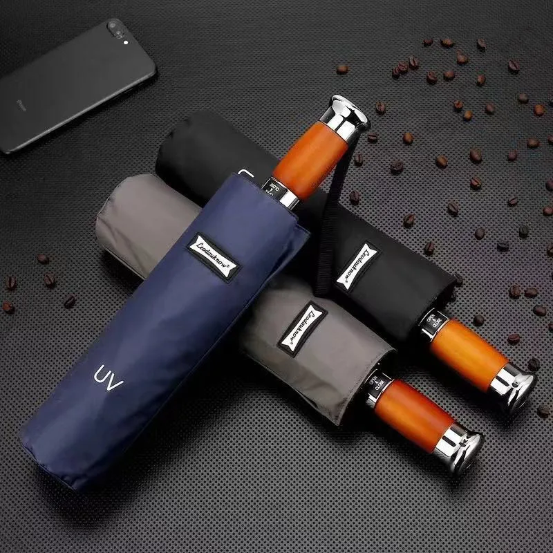116cm auto open close three fold anti-thunder windproof umbrella 210T pongee black coating 5 times business wooden parasol | Дом и сад