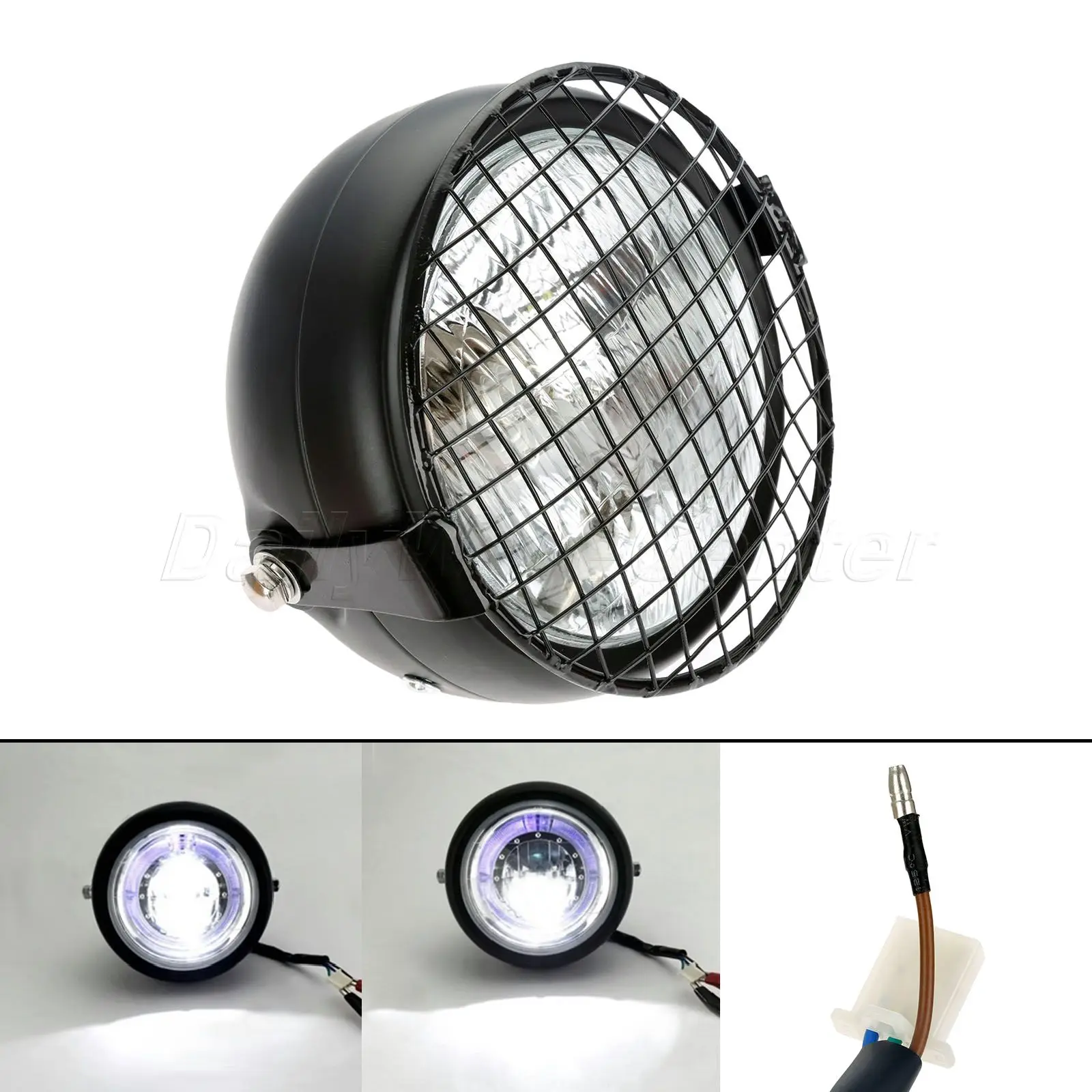 Mgoodoo Motorcycle Grill Vintage Headlight Headlamp W/ Side Mount Cover