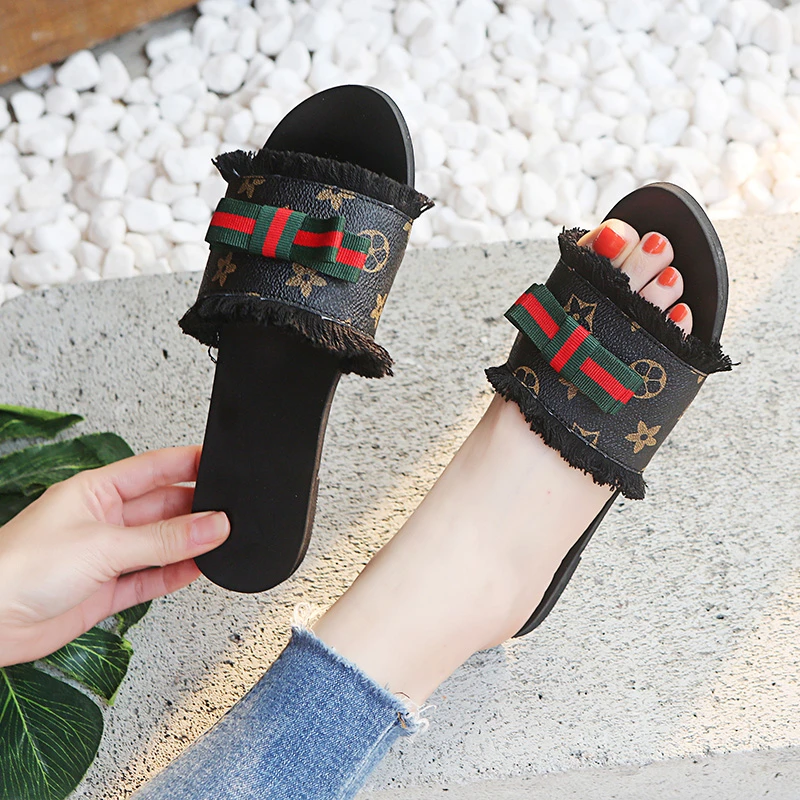 

Brand design Green Red Grosgrain Bow Tie Women Slippers Rome printing Breathable non-slip sliddes Lady flat sandals 2019 Summer