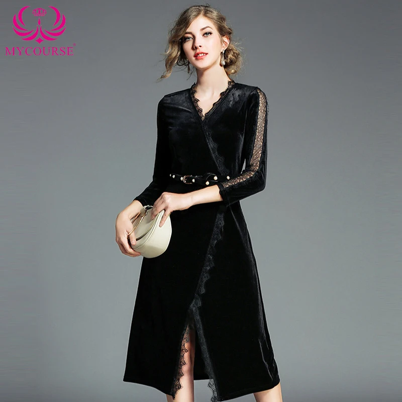 

MYCOURSE Women Winter Elegant V-Neck Wrap Dress Hollow Out Sleeve Velvet Dress Fashion Casual Party Dress Vestidos Femininos