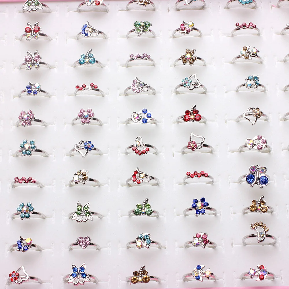 

Wholesale Mixed 50pcs Assorted Cartoon Crystal Adjustable Silver Rings Kids Girls Mix Styles Colorful Ring Party Jewelry