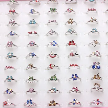 

Wholesale Mixed 50pcs Assorted Cartoon Crystal Adjustable Silver Rings Kids Girls Mix Styles Colorful Ring Party Jewelry