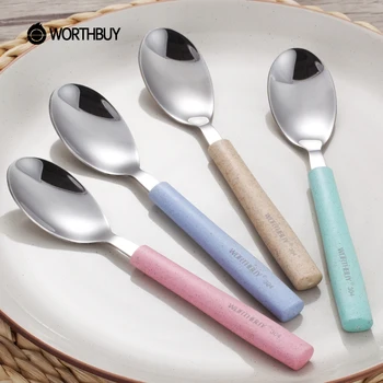 

WORTHBUY 304 Stainless Steel Dinner Spoon Long Handle Soup Spoon With Wheat Straw Handle Kitchen Accessories Dessert Scoop