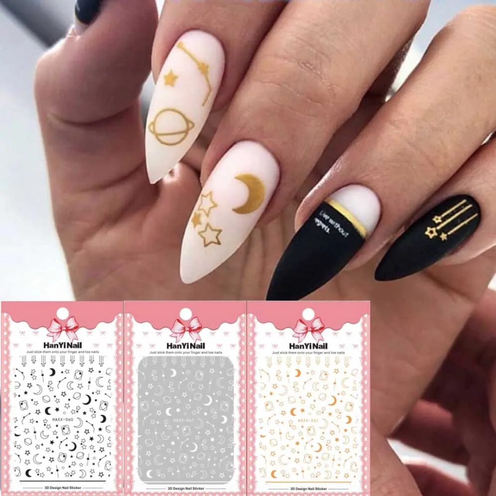 

1 sheet Gold/Black/White Moon Star 3D Nail Stickers Adhesive Decals Nail Art Decorations Stamping Manicure Nails Stickers Tool