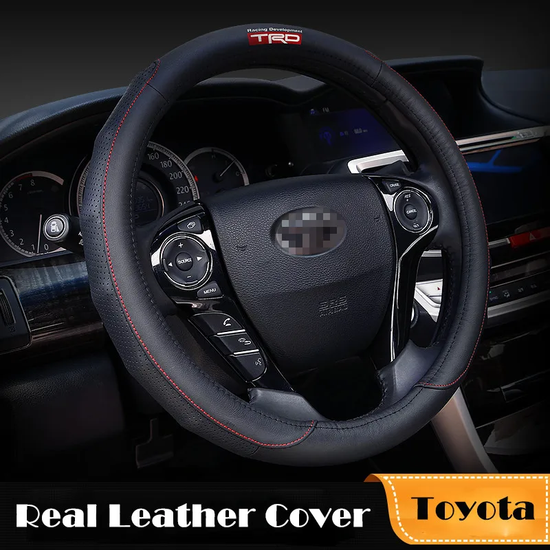 Image 38CM Genuine Leather Car Steering Wheel Cover Accessories TRD for Toyota Corolla 2014 Prius RAV4 Yaris Auris Hilux Avensis Camry