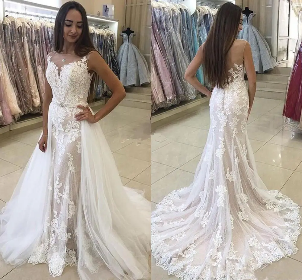 2021 Beach Mermaid Wedding Dresses With Detachable Skirt Sheer Neck Sweep Train Lace Appliques Modern Arabic Bridal Gowns Dubai | Свадьбы и