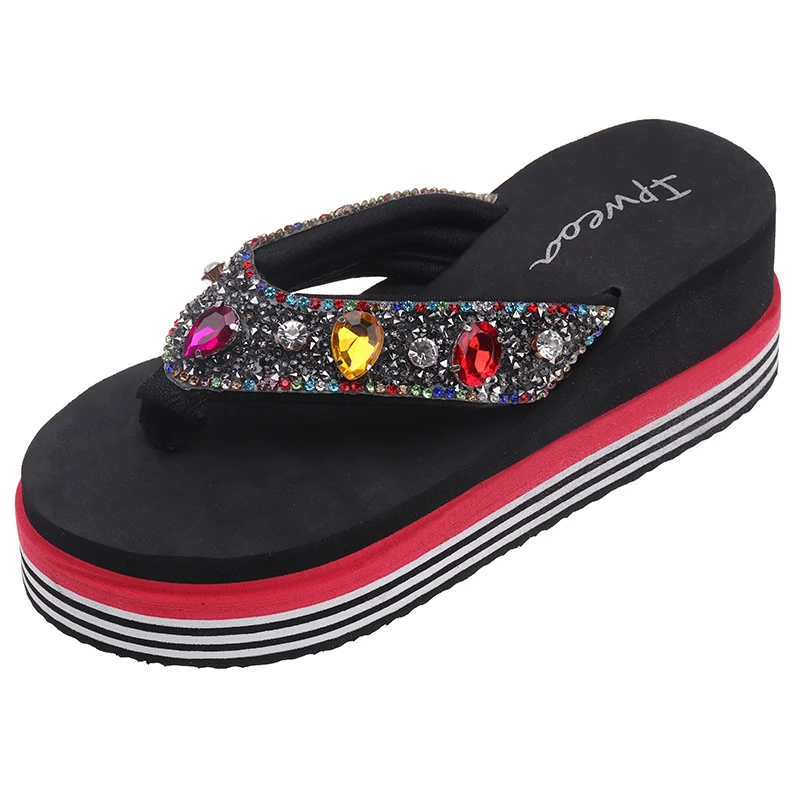 

Women's Crystal Slippers Summer 2019 Wedge Slipper Women Flip Flops Beach Slides Sandalia Feminina Black Pink White Yellow
