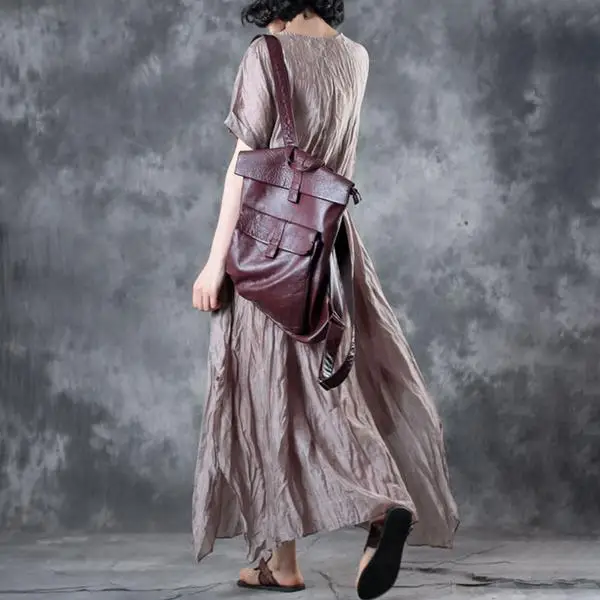 BUYKUD 2019 Women's Vintage Maxi Dresses Short Sleeve Loose Dress For Women Solid Beige Grey Cotton Linen Clothes Vestido (4)