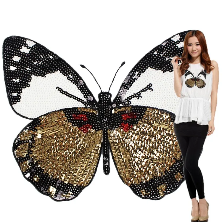 

22*23cm 2Pcs Fashion Large Butterfly Patch T-shirt Pants Sequins Ironning On Patch Sewing Applique Clothes Accessories A384