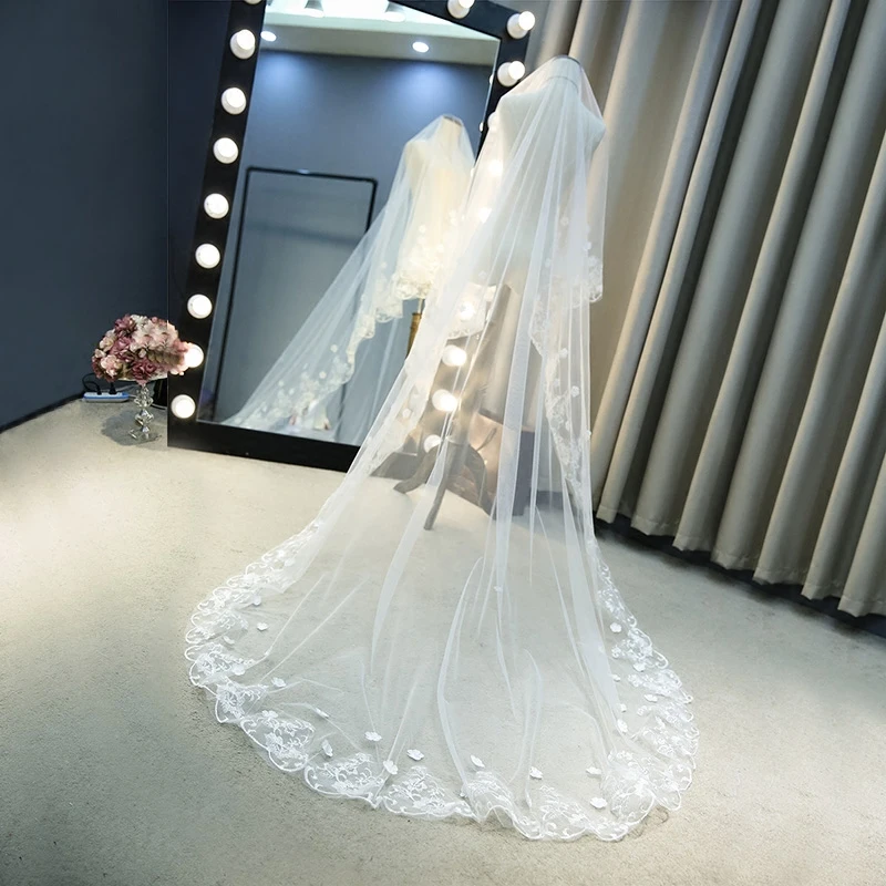 

hot sale list Ivory long wedding veil 2m 3m flowers beaded lace edge velos novia wedding accessories cathedral wedding veil