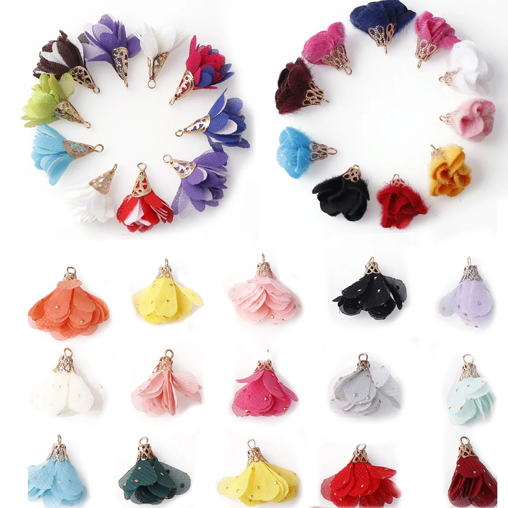 

10Pcs/set Flower Shape Fabric Multi-layer Tassel DIY Key Chain Cellphone Straps Earring Necklace Pendant Decoration Accessories