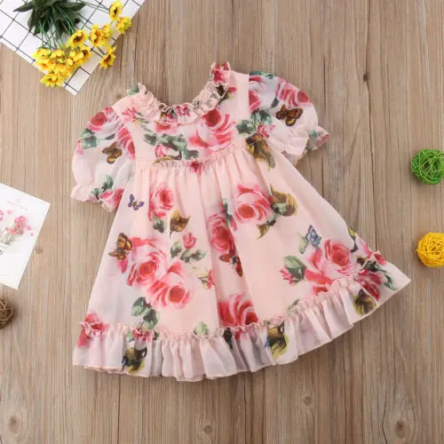 

New Fashion Lovely Children Girls Summer Chiffon Floral Mini Dress High Waist Pleated Cute Baby Girls Floral Party Dresses
