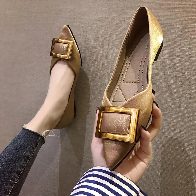 

Rubber fashion women Shallow Slip-On comfortable soft Metal Decoration PU Pointed Toe Lace-Up flat Loafers Office & Career Silk