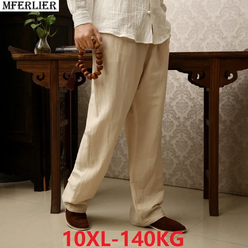 Летние Осенние мужские винтажные брюки из льна и хлопка, большие размеры 7XL 8XL, большие длинные штаны 9XL 10XL 12XL 52 54 56, китайский японский стиль