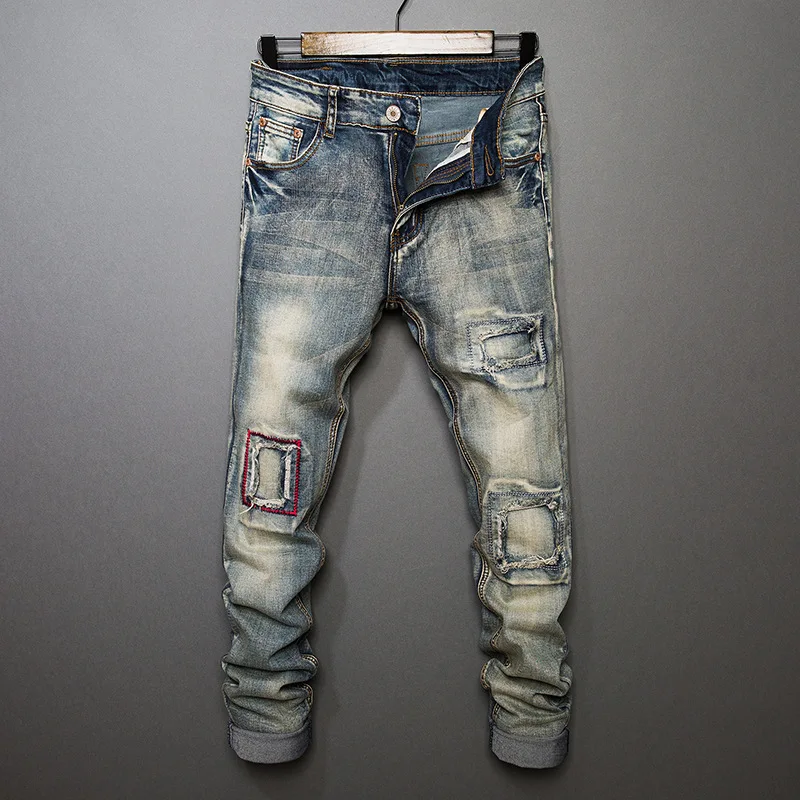 2019 Spring Ripped Mens Jeans Blue Gray Distressed Denim Straight Jeans Patchwork Loose Stylish Designer Jeans For Men Mj003