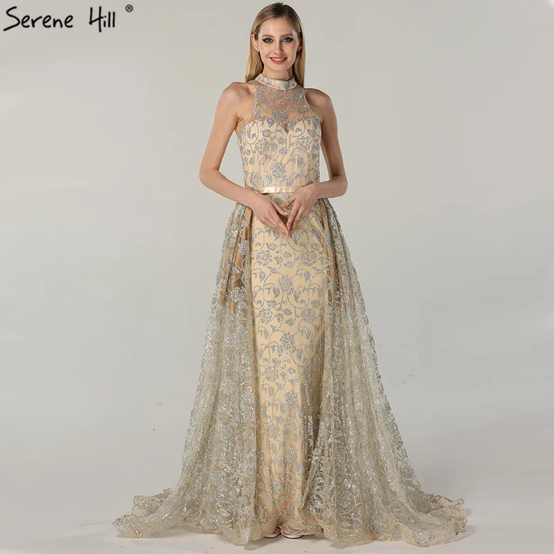

Glitter Halter Luxury Nude Gold Vintage Evening Dresses Sparkle Sexy Sleeveless Evening Gowns 2019 Serene Hill CLA6085